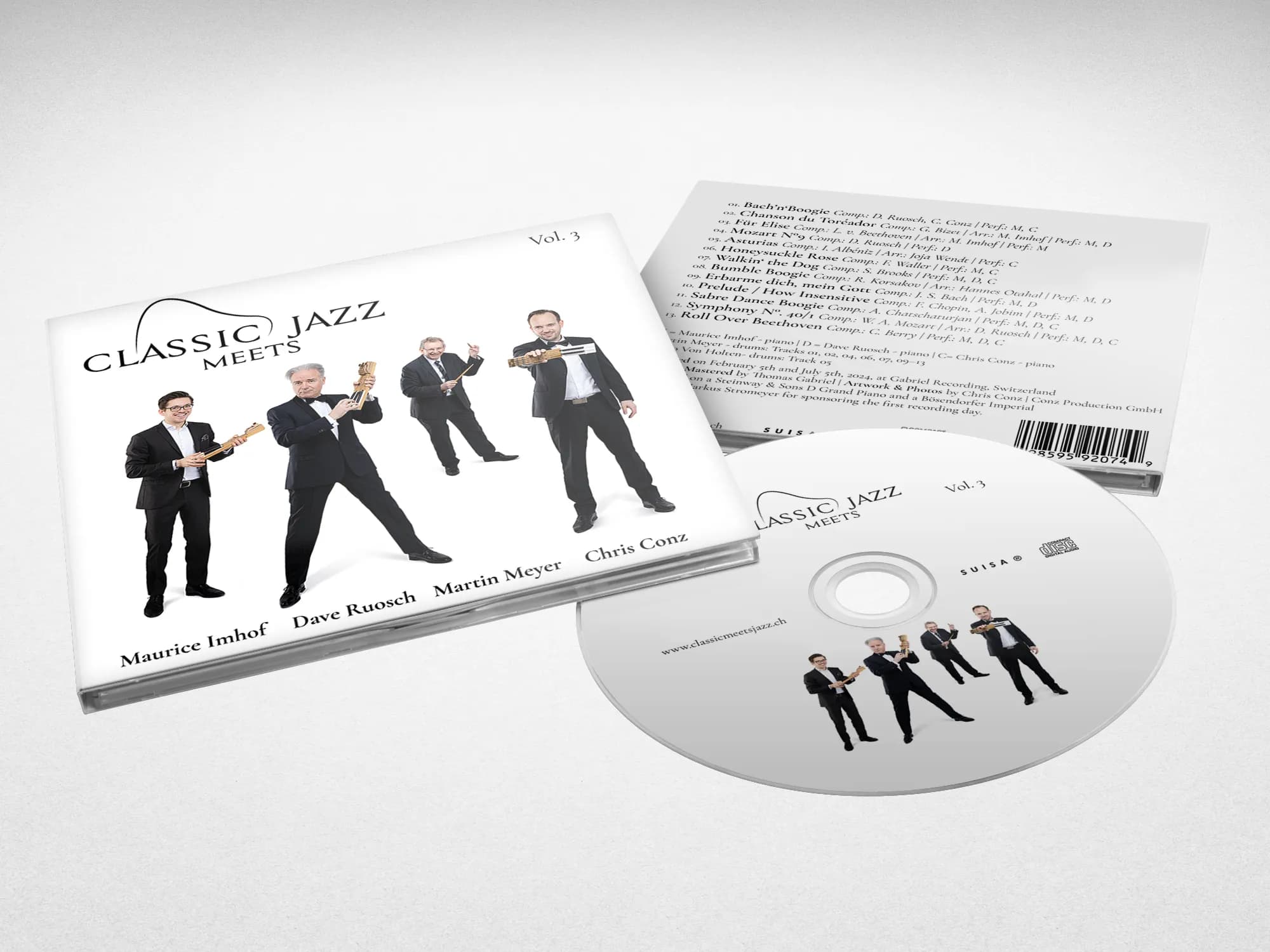 CD „Classic Meets Jazz Vol. 3" — Hülle mit den vier Musikern, Rückseite und Silberling